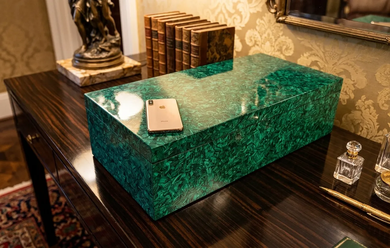 Malachite inlay box on a dark lacquered desk with a crystal decanter, The Lapidary Vault