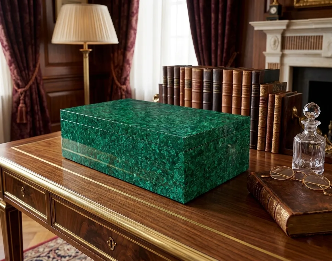 Closed malachite keepsake box on a wooden desk beside a lamp and leather books, The Lapidary Vault