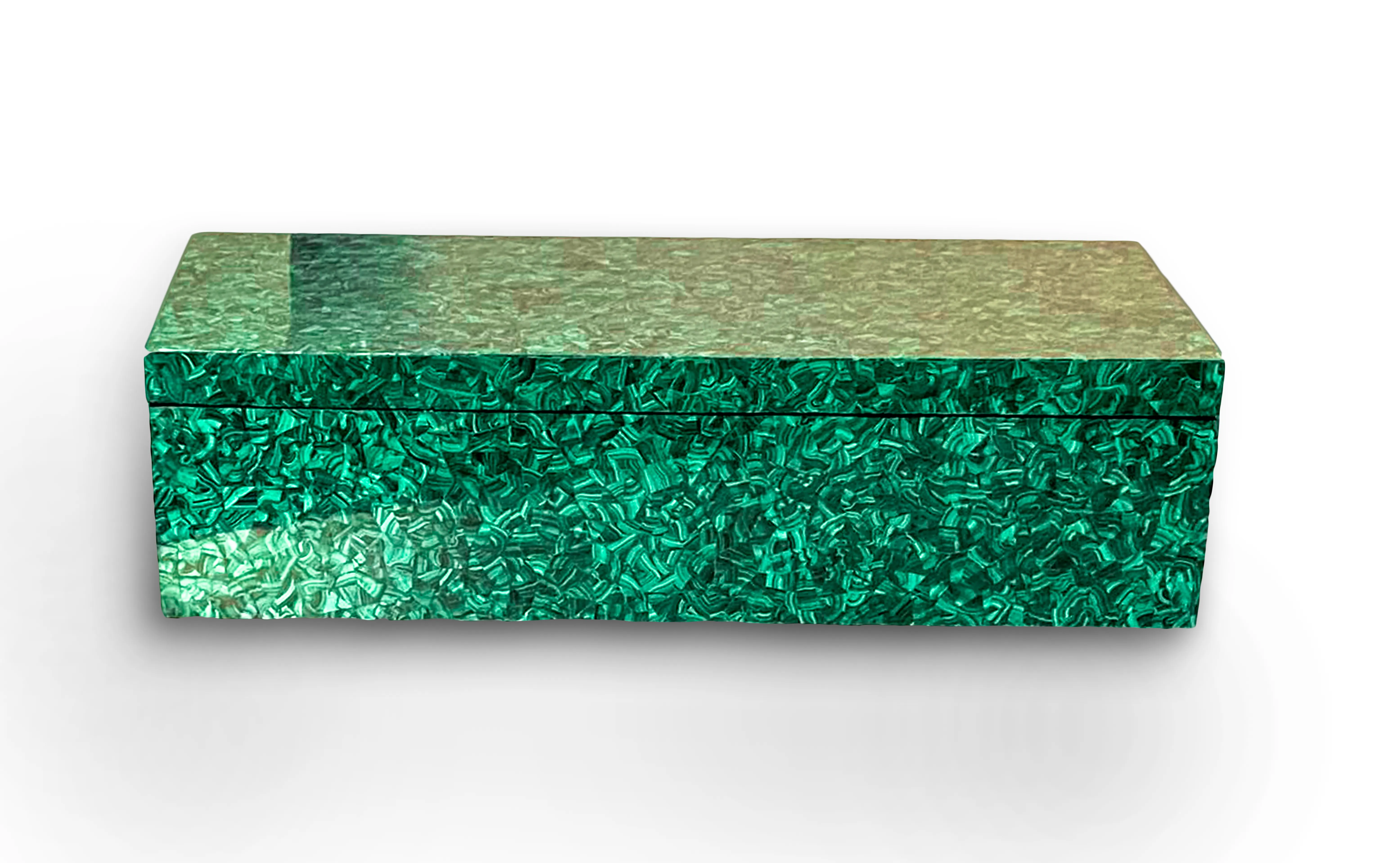 Rectangular box fully clad in green malachite photographed on a white background, The Lapidary Vault