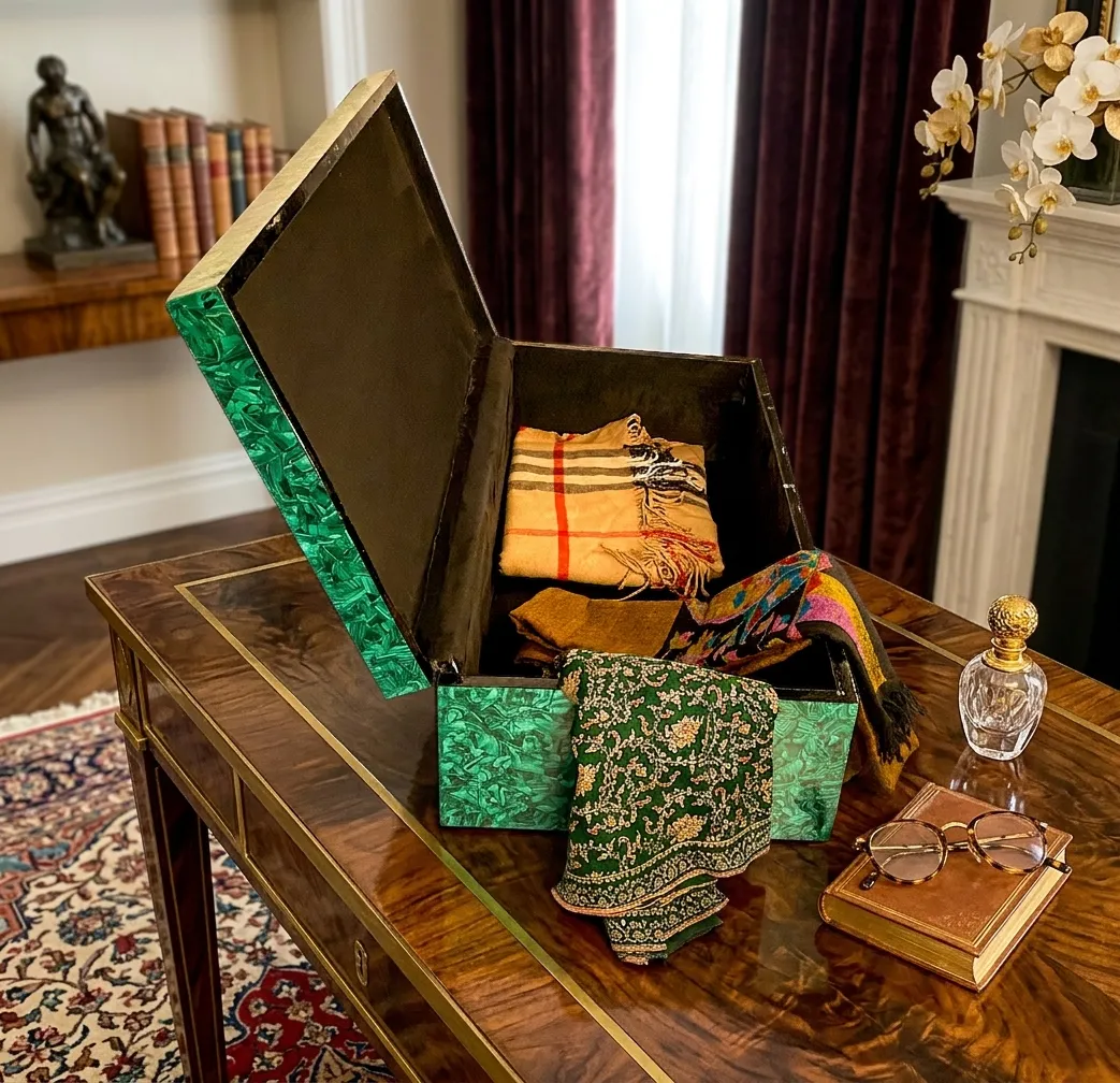 Open malachite box holding folded silk scarves on a writing desk, The Lapidary Vault