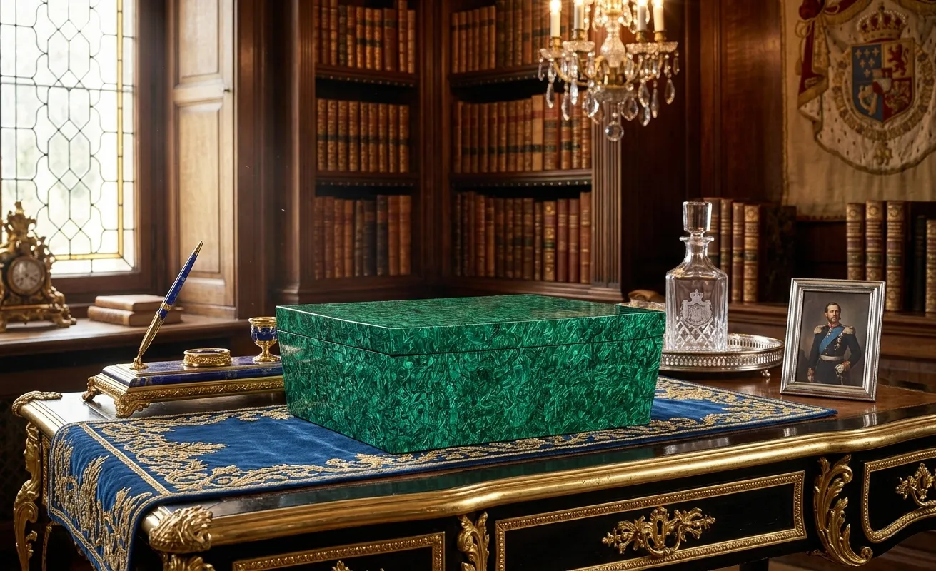 Malachite keepsake box on a blue-inlaid desk in a wood-panelled library, The Lapidary Vault
