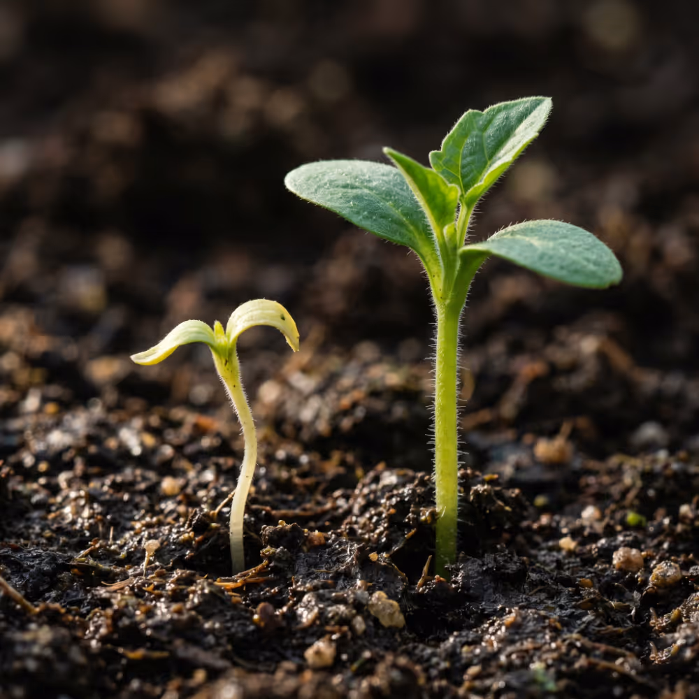 Two green seedlings at different growth stages emerging from dark soil.