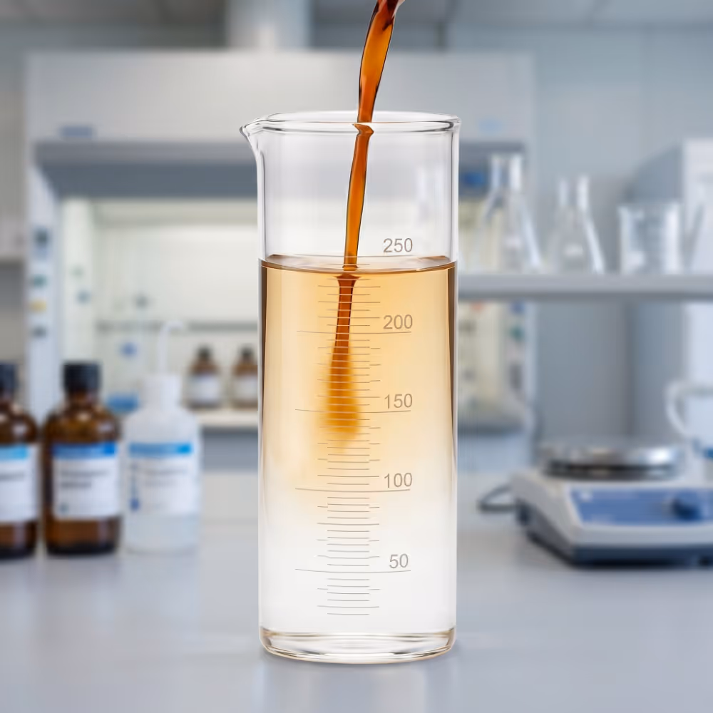Dark liquid being poured into a glass beaker with measurement marks in a laboratory setting.