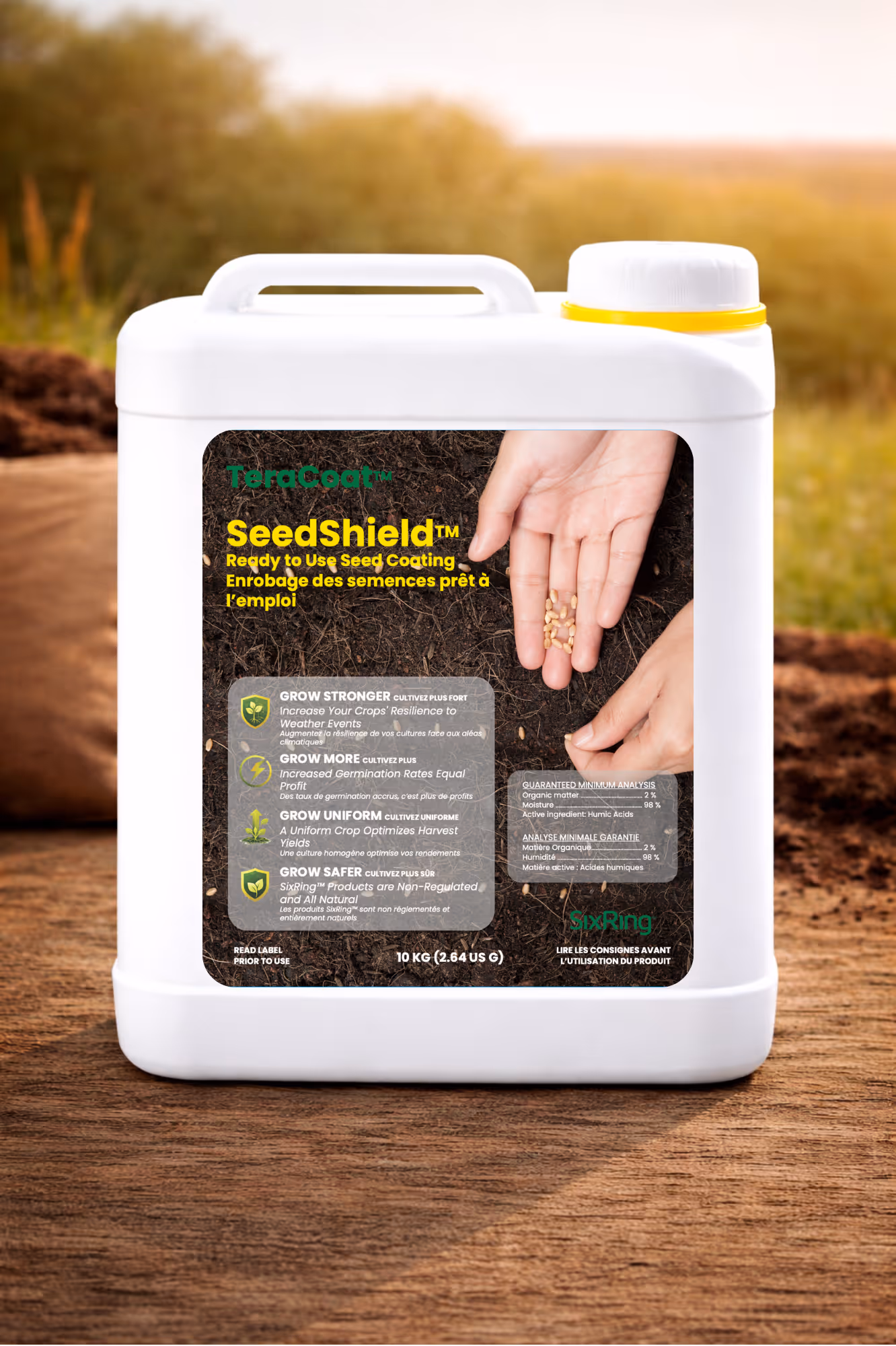 White container of TeraCoat SeedShield seed coating with hands holding seeds on label.