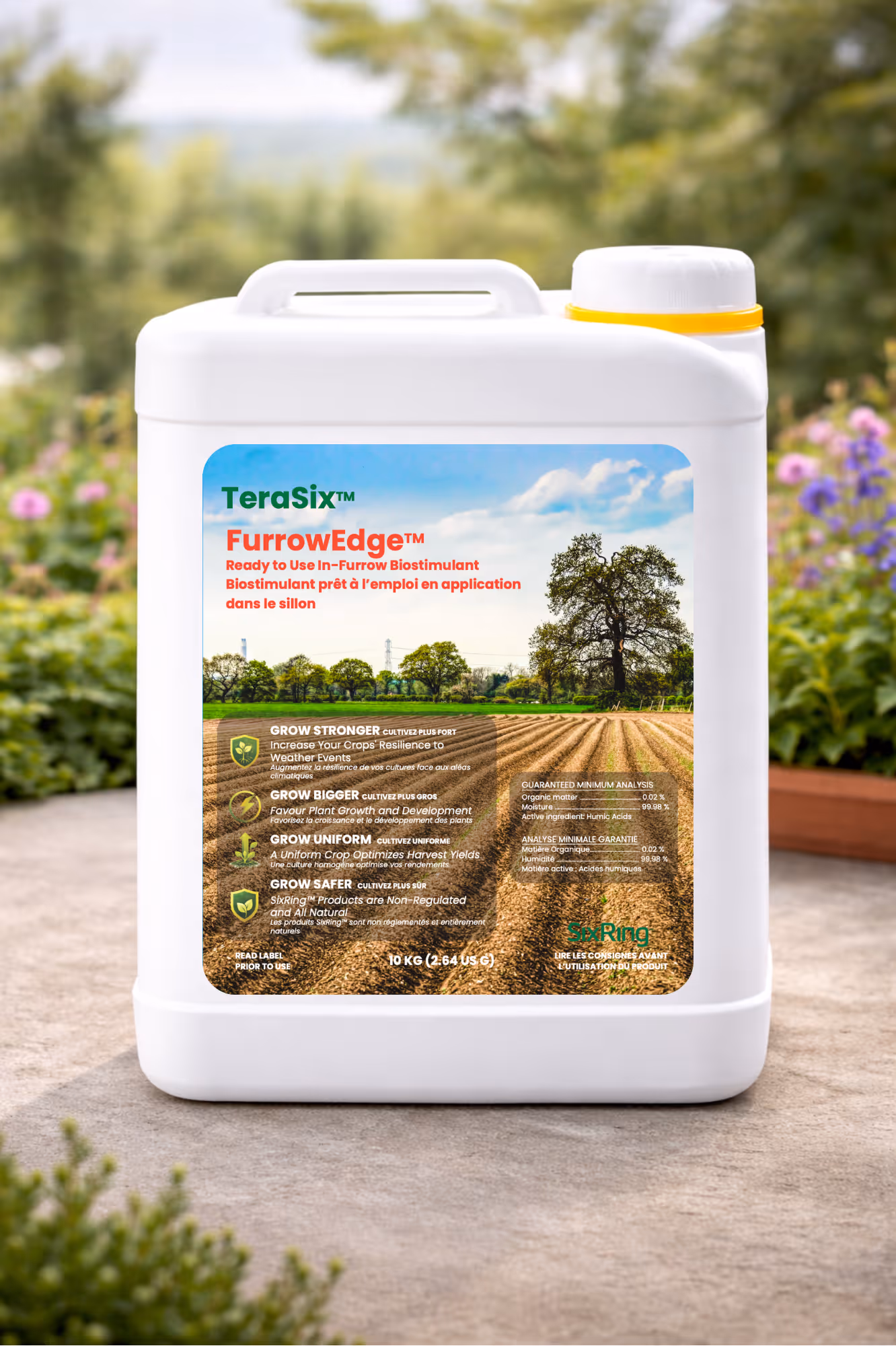 White container of TeraSix FurrowEdge biostimulant with field and tree label image.