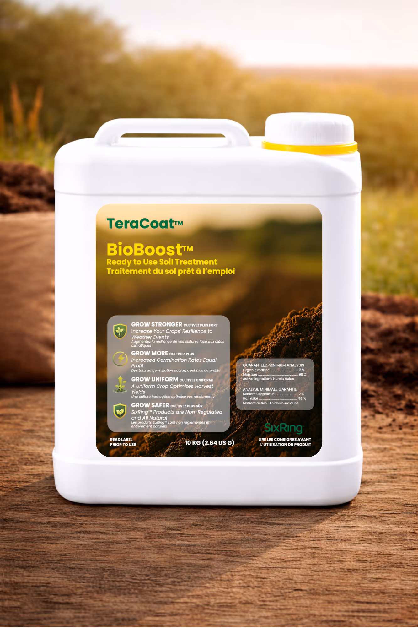 White container of TeraCoat BioBoost ready-to-use soil treatment with product benefits and analysis label.