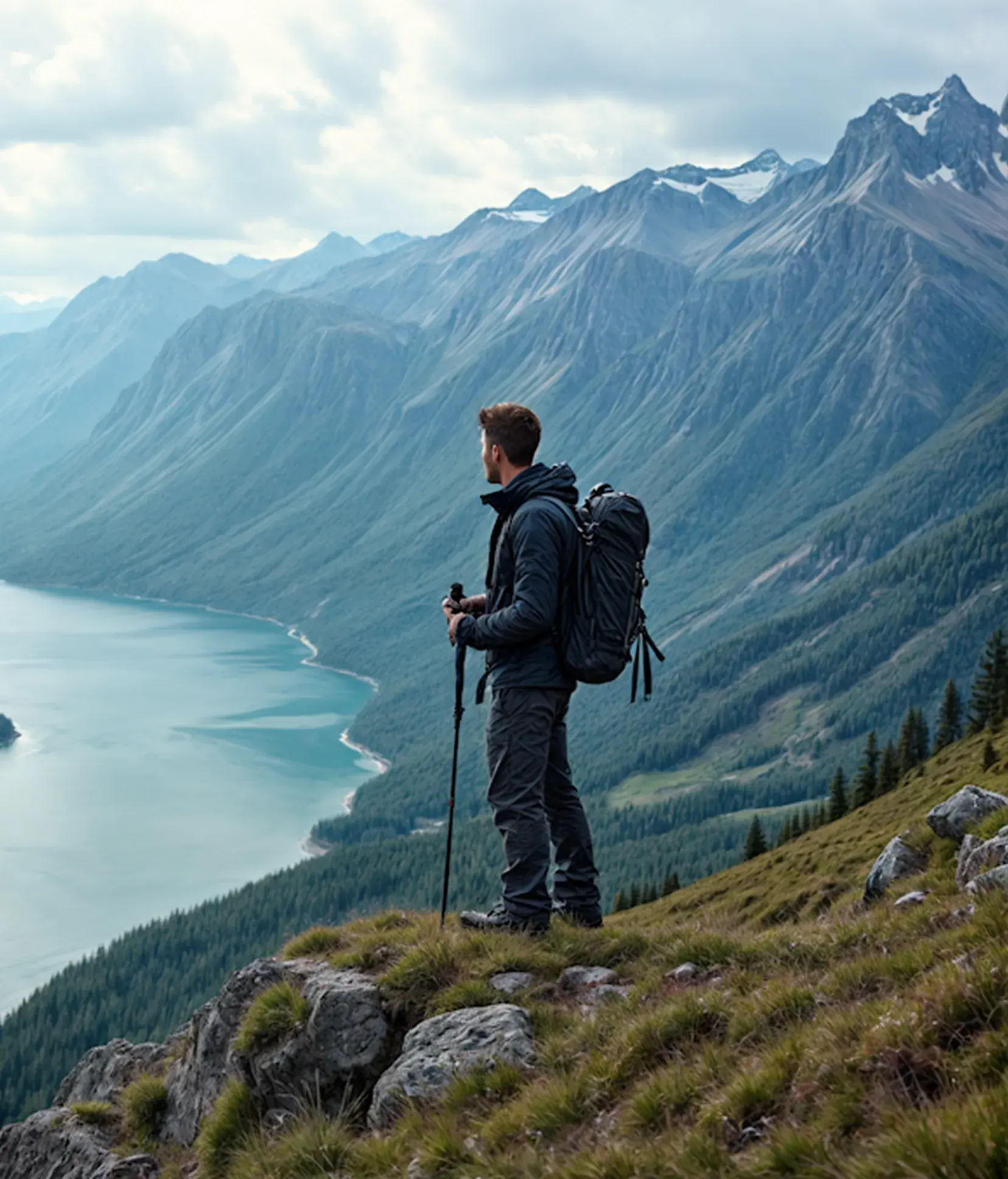 Man with a backpack standing on a rocky hill overlooking a lake and mountain range