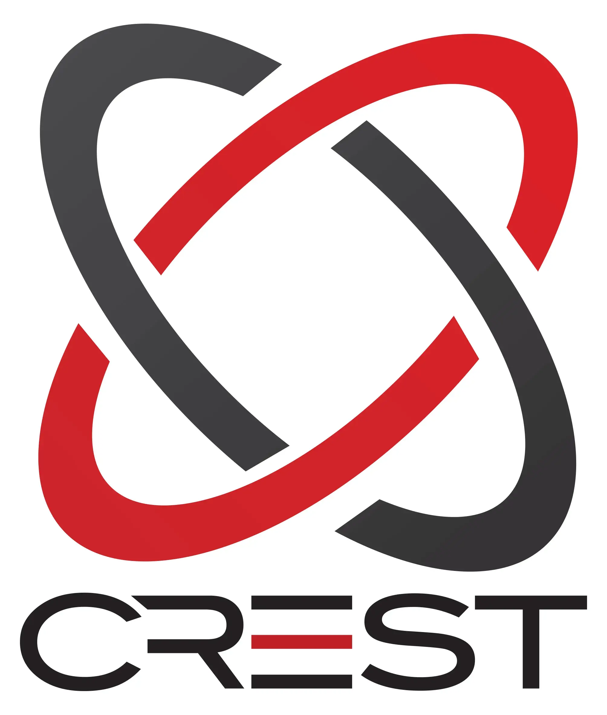 Interlocking red and black curved shapes above the word CREST in black and red text.