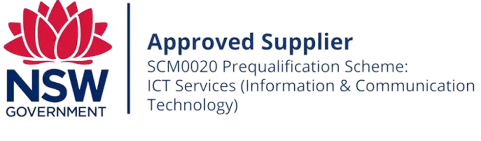 NSW Government logo with text Approved Supplier SCM00920 Prequalification Scheme ICT Services.