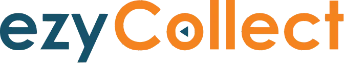 Logo with text 'ezyCollect' in dark blue and orange colors on transparent background.