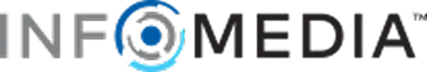Infomedia logo with a stylized blue and light blue circular design around the letter O.