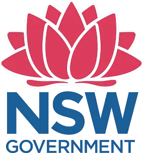 Pink stylized lotus flower above bold blue letters NSW with smaller blue text Government below.