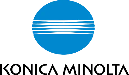Konica Minolta brand logo with blue circle and horizontal lines.