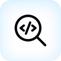Magnifying glass icon with code brackets inside on a light blue rounded square background.