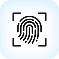 Black fingerprint icon with four corner brackets on a light blue rounded square background.