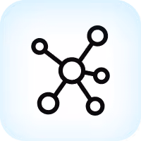 Black network icon with central circle connected to five outer circles on a light blue rounded square.