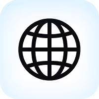 Black globe icon on a rounded light blue square background.