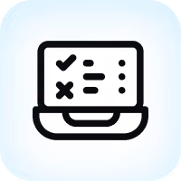 Icon of a laptop screen showing check marks and an X, representing a test or quiz.