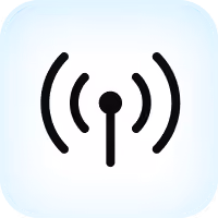 Black wireless signal icon with radiating curved lines on light blue rounded square background.