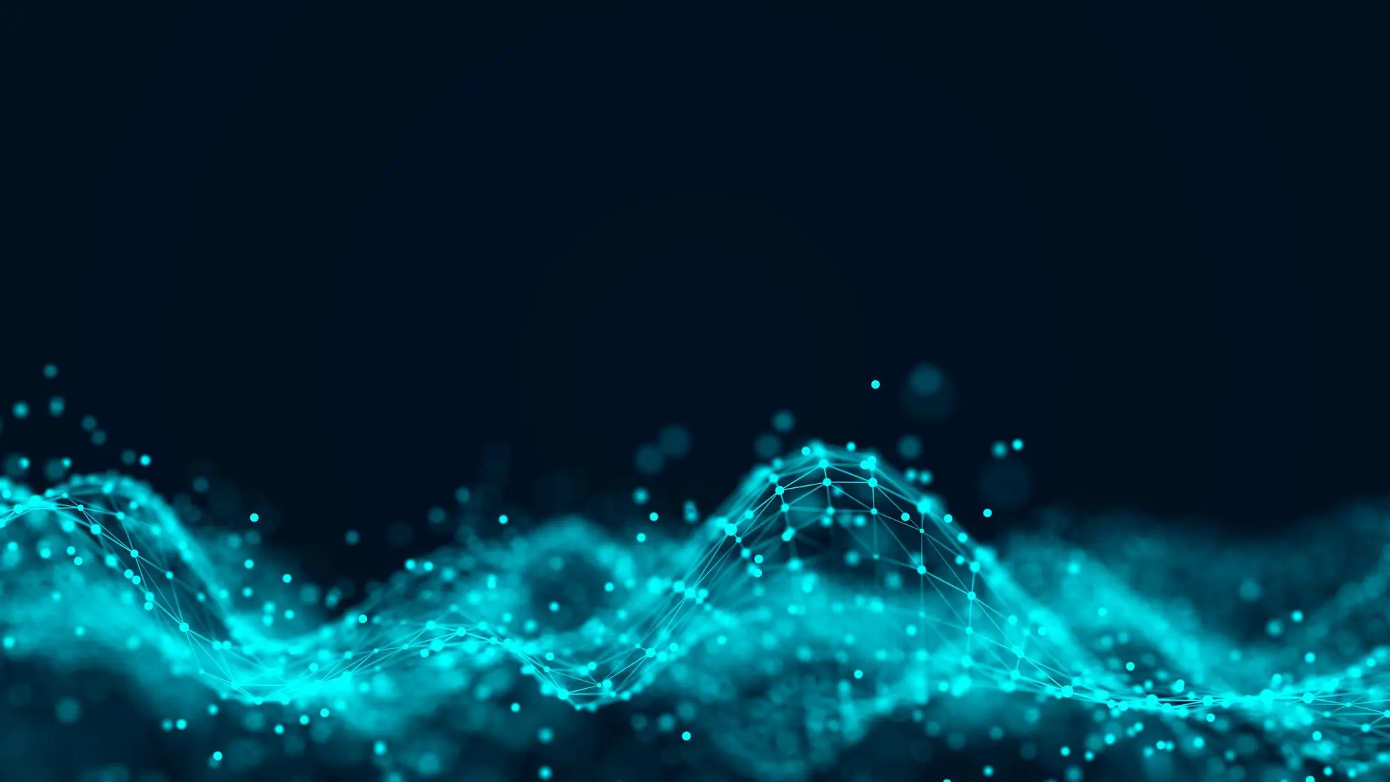 Abstract digital wave of glowing blue connected dots and lines on a dark background.