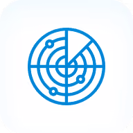 Blue radar screen icon with concentric circles and signal lines on a white rounded square background.