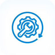Blue icon of a wrench inside a gear with a circular arrow indicating settings or maintenance.