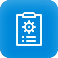White clipboard icon with gear symbol and lines on blue rounded square background.