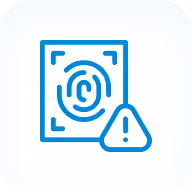 Fingerprint icon inside a rounded square with an exclamation mark in a triangle warning symbol.