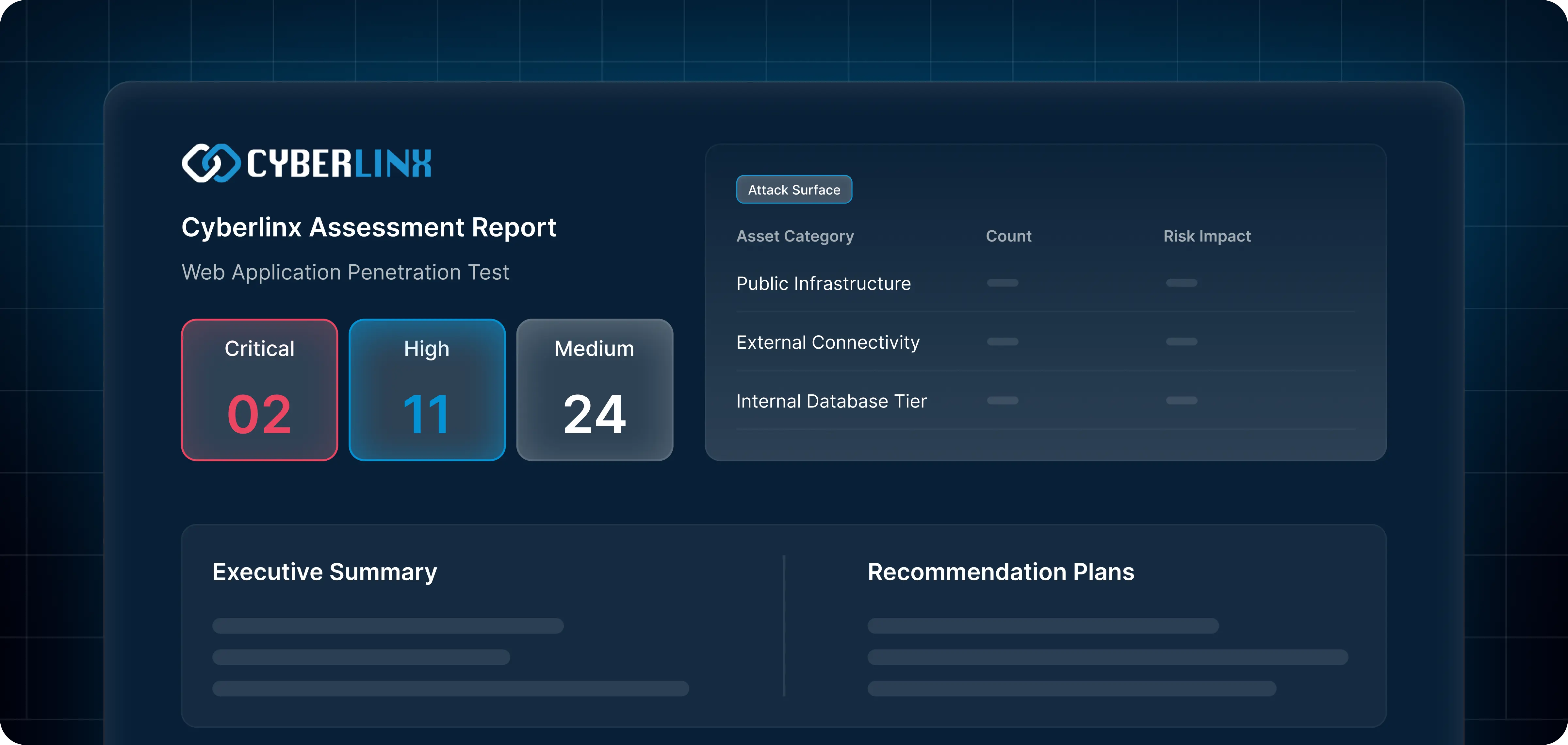 Cyberlinx assessment report showing web app test results with 2 critical, 11 high, and 24 medium risks.