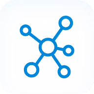 Blue network or molecule diagram with a central circle connected to six outer circles on white background.