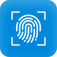 White fingerprint icon centered inside a square frame on a blue rounded square background.