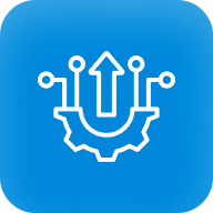 White icon of an arrow pointing up above a gear with three connected nodes on a blue background.