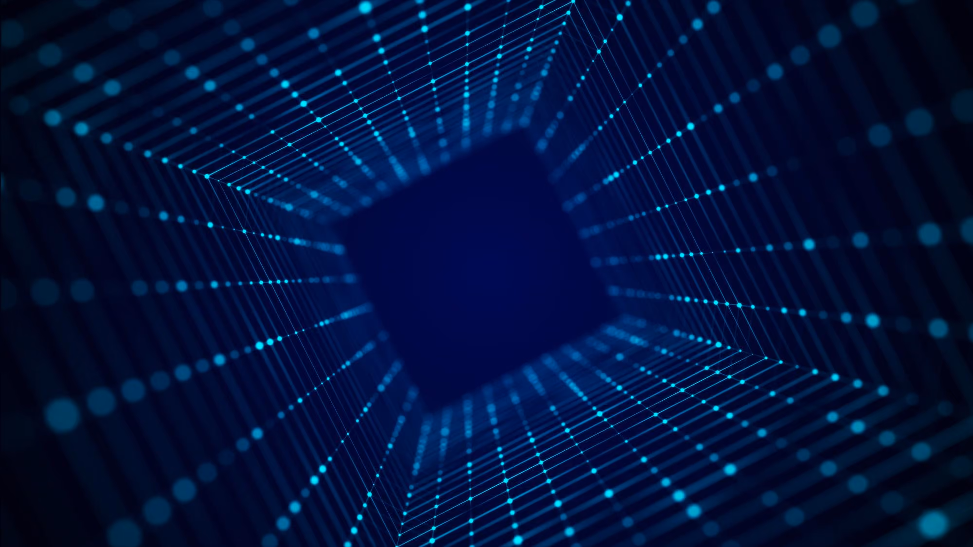 3D digital tunnel made of glowing blue dots connected by lines on a dark background.