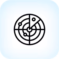 Icon of a radar screen with signal dots on a light blue rounded square background.