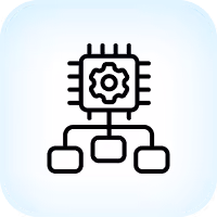 Icon of a microchip with a gear symbol connected to three nodes below.