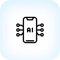 Smartphone icon with AI text and circuit lines on both sides representing artificial intelligence technology.