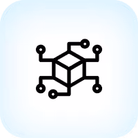 Black network circuit icon with a cube at the center on a light blue rounded square background.