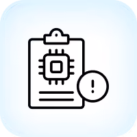 Clipboard with a microchip icon and an exclamation mark inside a circle.