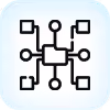Icon of a network diagram with interconnected nodes and squares on a light blue background.