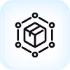 Black outline of a cube surrounded by six connected dots in a hexagonal pattern on light blue background.
