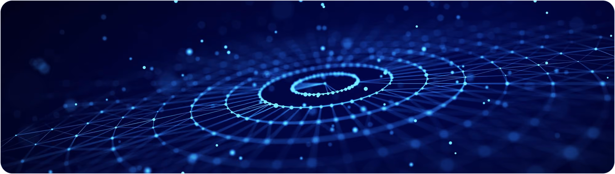 Blue digital network with interconnected dots forming circular patterns on dark background.