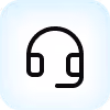 Black headset icon with microphone on light blue rounded square background.