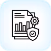 Icon of a document with bar chart, gear, and shield symbolizing secured data or settings.
