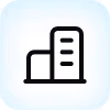 Icon of two buildings, one taller with three horizontal lines, representing a cityscape or office buildings.
