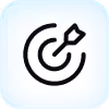 Black target icon with an arrow hitting the center on a light blue square background.