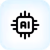 Icon of a microchip with the letters AI in the center on a light blue rounded square background.