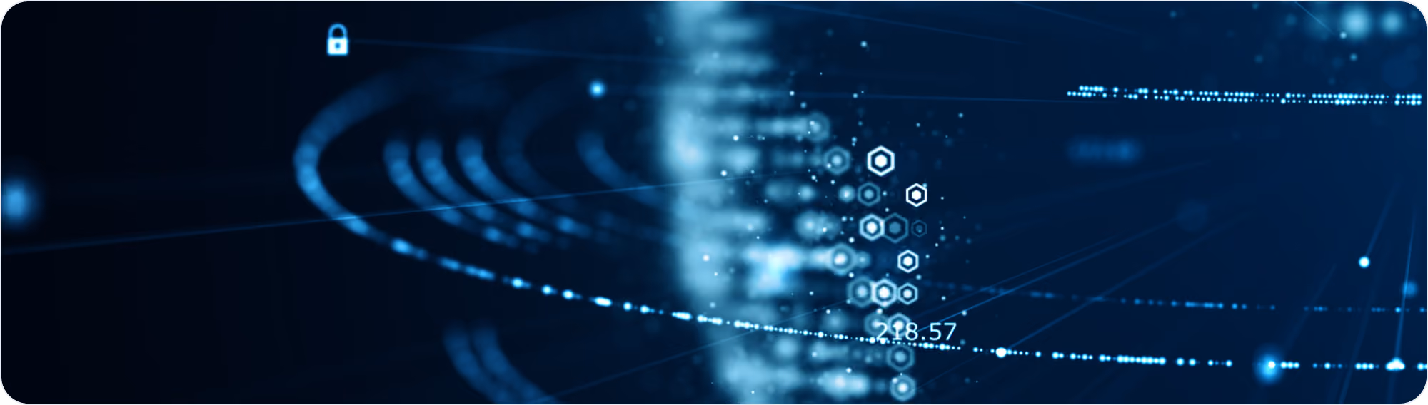Digital blue background with hexagons, dots, and data points representing technology or data flow.