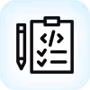Clipboard with code symbol and checklist next to a vertical pen icon on a light blue background.