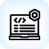Icon of a laptop with coding symbols and a hexagon badge on top right corner.