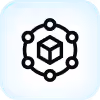 Icon of a cube surrounded by connected circles forming a network pattern.